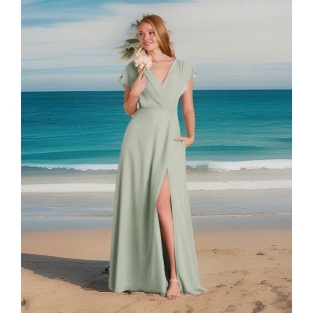Chic Birdy Grey Chiffon Maxi Dress Size M Bridesmaid Pockets Ruffle Sleeve BOHO